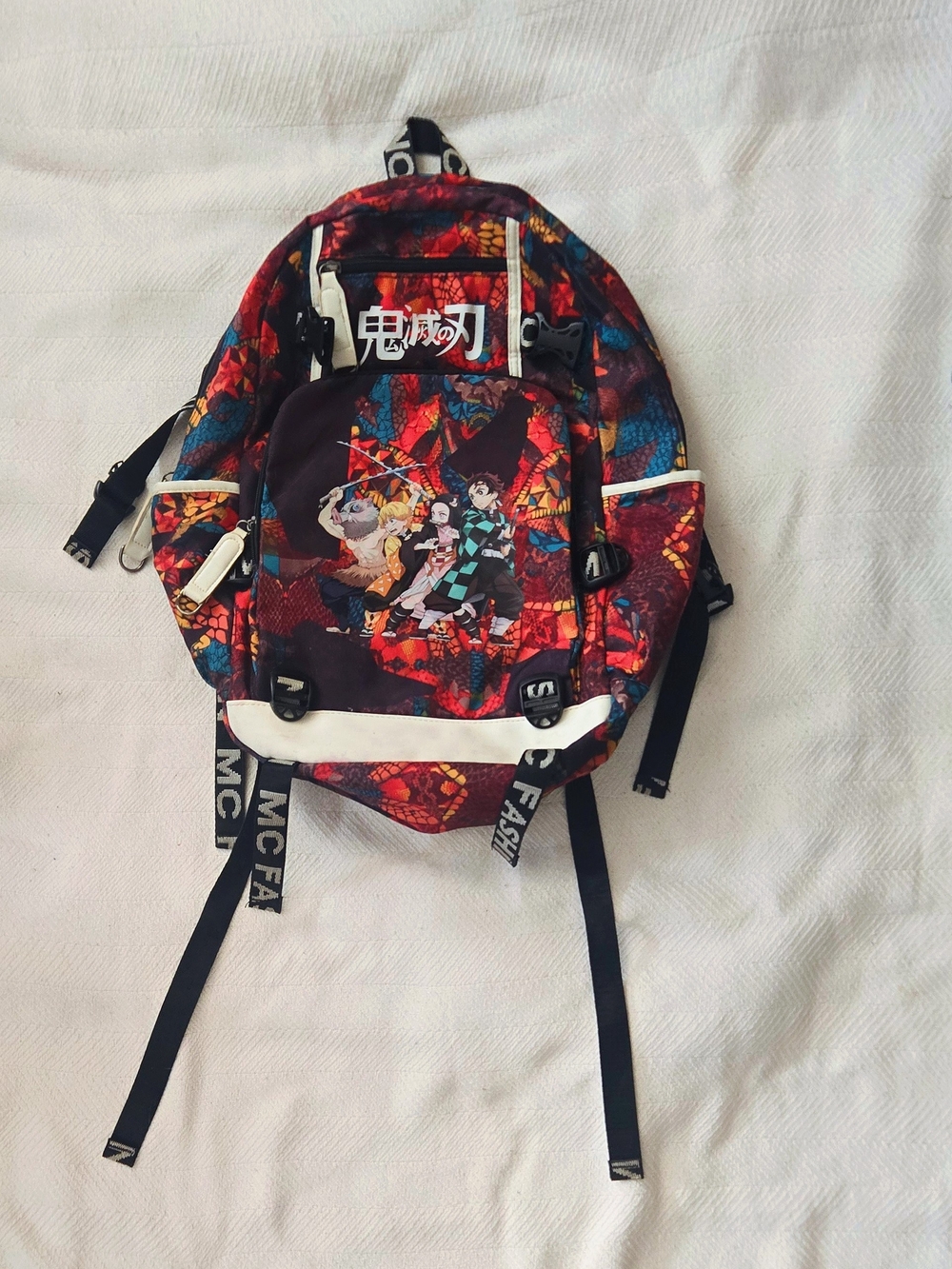 Demon Slayer Print Backpack in Red & Multicolor